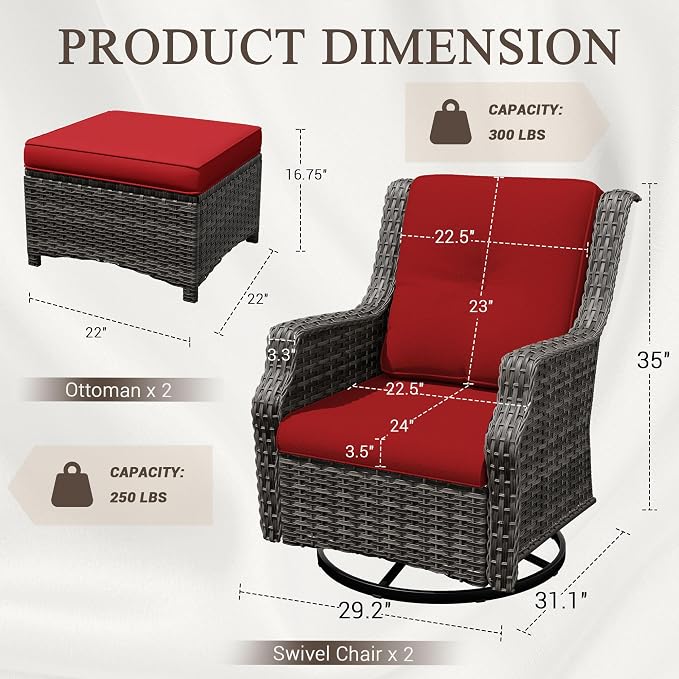 4 Pieces Patio Furniture Set, Outdoor Furniture Set with 2 Patio Swivel Rocking Chairs, 2 PE Rattan Ottoman, Thick Cushions, Ideal for Backyard, Garden, Poolside, Red