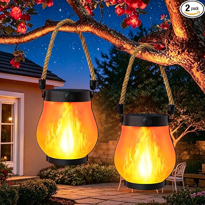 2 Pack Solar Lanterns Outdoor Waterproof, Solar Flame Lanterns with 2 Modes | Ultra-Real Flame, USB/Solar Charging, IP65 Waterproof, Hanging/Table Solar Lights Outdoor for Tree Garden Porch Yard Patio