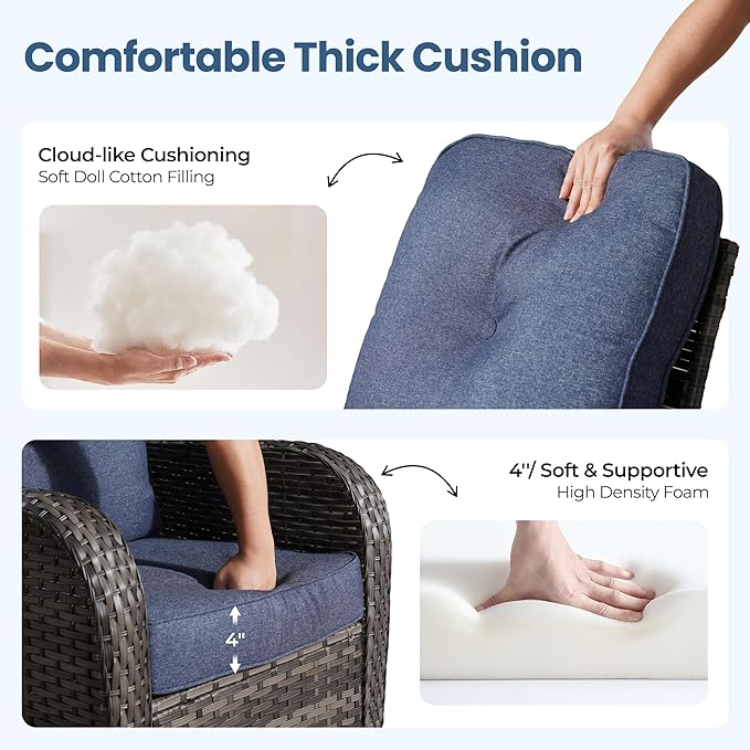 6 Piece Patio Swivel Rocker Chairs Set with Side Table, Denim Blue | High Back Deep Seating, All Weather Wicker, Outdoor Glider Chair Set, Porch Deck Backyard Balcony Furniture