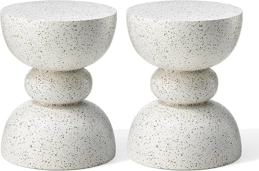 Glitzhome Outdoor Side Table, Round Small End Table with White Terrazzo Finish MGO Garden Stool, Set of 2 Lightweight Decorative Accent Table for Living Room Planter Stand Patio Backyard Pool Porch
