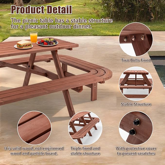 Hohuqeri Picnic Table Bench Set for 16 Persons, 8FT Large Camping Table, Wood Outdoor Dining Beer Table Set with 2” Umbrella Hole for Patio Lawn Garden (Brown)
