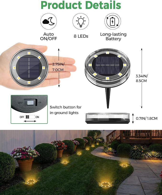 LOTMOS 30 Pack Solar Ground Lights Outdoor, 8 LED Solar Flat Lights IP68 Waterproof Disc Light, Landscape Lighting Solar Powered for Garden Yard Path Driveway Lawn Patio Walkway, Warm White
