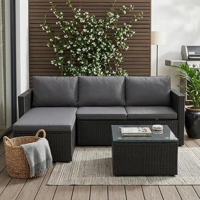 JAMFLY 3-Piece Outdoor Sectional Sofa Set with Glass Coffee Table, All-Weather PE Wicker Patio Furniture with Thick Cushions, Modular Conversation Set for Small Balcony, Deck & Porch, Grey