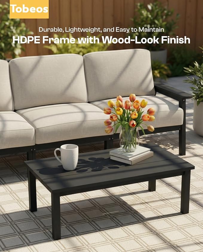 7 Piece HDPE Outdoor Furniture Set with Beige Cushions (Black Frame) | All-Weather HDPE, Modular Design, Extra-Deep Seating, Thick Cushions, Ideal for Backyard, Deck & Porch