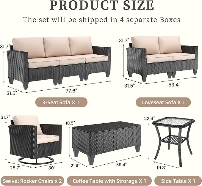 UDPATIO Patio Furniture Set, 6 Pieces Outdoor Furniture Sets with Rocking Swivel Chairs, Wicker Rattan Outdoor Conversation Set with Storage Table and Waterproof Covers for Backyard, Deck, Porch, Khak