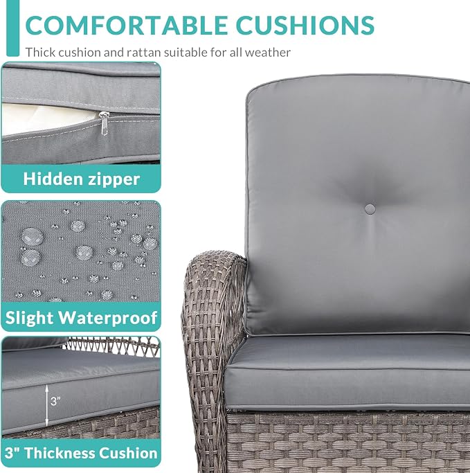 MEETWARM 5-Piece Outdoor Patio Set - Conversation Set with Glider Loveseat, 2 Armchairs & Glass-Top Coffee Table, Thickened Cushions, Gray