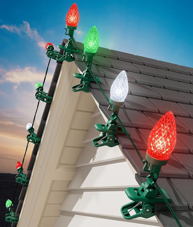 C9 Christmas Lights Outdoor, 102FT 150 LED String Lights with Spring Clips | Waterproof Connectable Commercial Grade Christmas Tree Lights for Outside Roofline Patio Yard Home, Red Green|Pure White