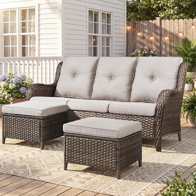 Belord 3-Piece PE Wicker Outdoor Sofa with 2 Ottomans, Luxury Patio Couch Convertible to Chaise Lounge, All-Weather High Back Deep Seat Woven Furniture for Deck, Porch - Brown/Beige