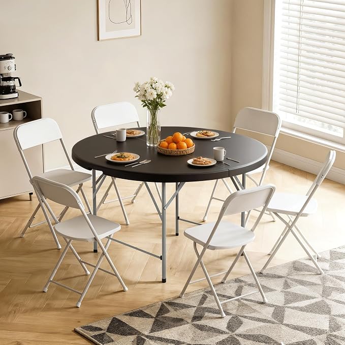 Athena Collection 5ft Folding Table, Portable Plastic Round Table Foldable Card Table, Indoor Outdoor Collapsible Craft Desk Dining Table with Lock & Handle for Commercial Event Party Camping, Black