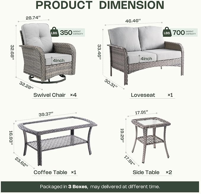8-Piece Patio Furniture Set, Outdoor Wicker Furniture with Coffee Table, High Back Swivel Rocker Patio Chairs, Modern Rattan Outdoor Chairs Conversation Set for Porch, Balcony, Garden, Grey