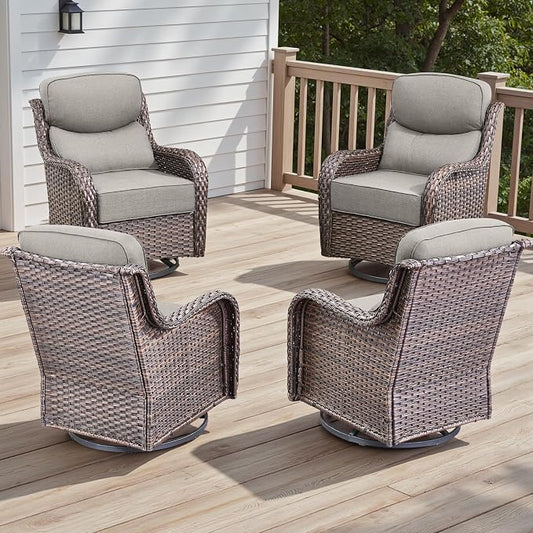 Rilyson Outdoor Swivel Rocker Chairs - All Weather Resistant Wicker Patio Furniture Set of 4 with High Back and 6 inch Thick Cushions for Deck Porch Yard and Poolside, Brown/Beige