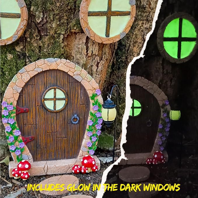Fairy Door for Wall and Trees Outdoor with Light, Glow in The Dark, Gnome Desk Art Sculpture Decoration for Classroom, Kids Room, Miniature Fairy Garden Outside Decor Accessories