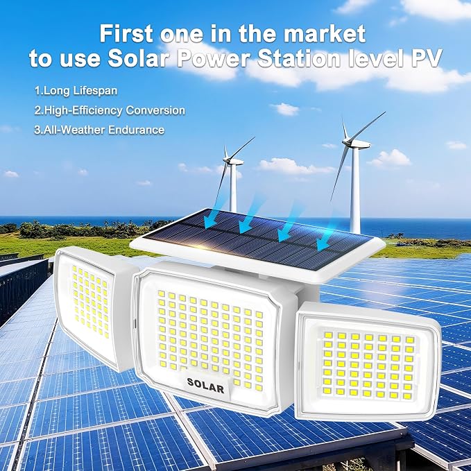JEJOT White Solar Security Light Outdoor Super Bright LED, Motion Sensor Flood Light, 3 Heads 270° Wide Angle, Remote Control, IP65 Waterproof, 3 Modes (1 Packs)