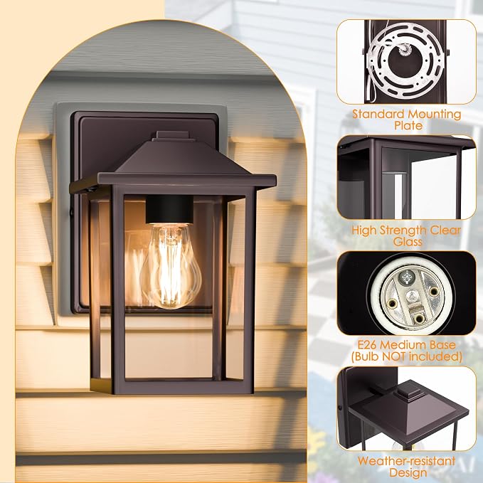 MATAMEYE Outdoor Wall Light Fixture, Exterior Waterproof Porch Lighting | Dark Chocolate Patio Wall Lantern, Anti-Rust, Clear Glass, E26 Socket, Wall Mount Sconce Lighting, Outside Front Door Light