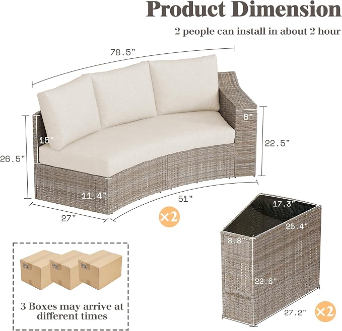 LUXOAK 8-Piece Wicker Patio Furniture Set, Curved Sectional Sofa with 2 Storage Side Tables, All-Weather Outdoor Conversation Set with 6" Armrests & Thick Cushions, for Backyard/Garden/Deck