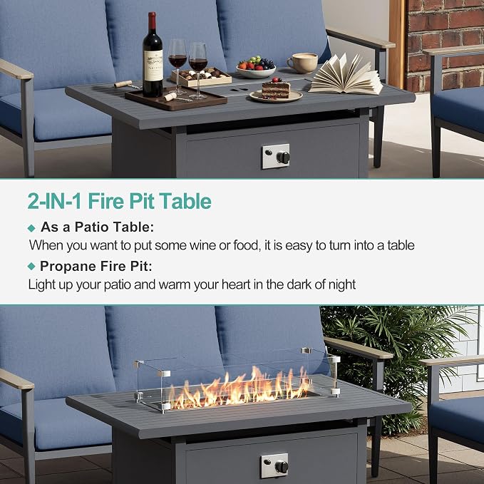 Aluminum Outdoor Patio Furniture Set with Swivel Rocking Chairs 9-Seat, Patio Sectional Sofa Patio Conversation Set with 55,000 BTU Fire Pit Table High Backrest & Thickened Cushions, Navy Blue