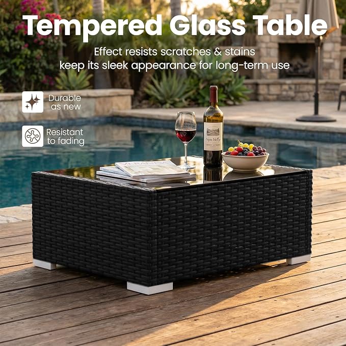 10 Pieces Patio Furniture Set with 44" Propane Gas Fire Pit Table, Outdoor Sectional Wicker Conversation Sofa Sets with Coffee Table