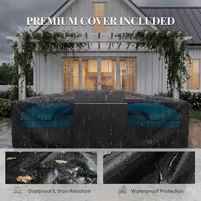WWR Patio Furniture Set 7 Piece - All-Weather - Wicker Rattan Patio Outdoor Conversation Set, Modular Sectional Sofa for Backyard, Garden, Poolside, Balcony, Porch, Patio, Black/Peacock Blue