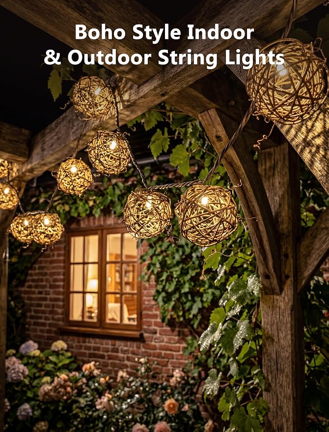 Rattan Ball String Lights, Handmade Boho Wicker Vine Lantern Lights with 10 LED Bulbs, 8.5FT Connectable Indoor Outdoor String Light Plug in for Bedroom X-mas Wedding Garden Party Decor