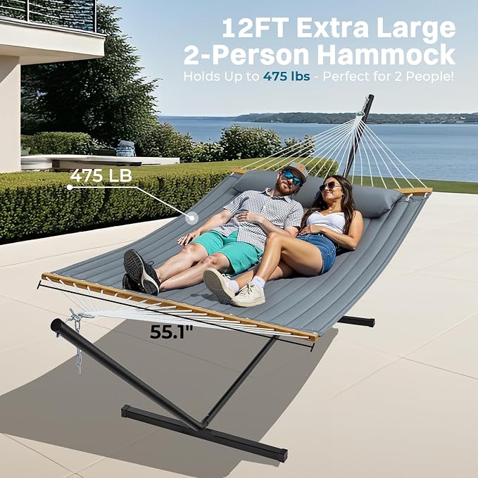 SUPERJARE Hammock with Stand, 2 Person Quilted Outdoor Hammock, Detachable Pillow & Bamboo Spreaders, Portable Hammock with Carrying Bag, Heavy Duty Stand, Perfect for Outside, Patio, Neutral Gray