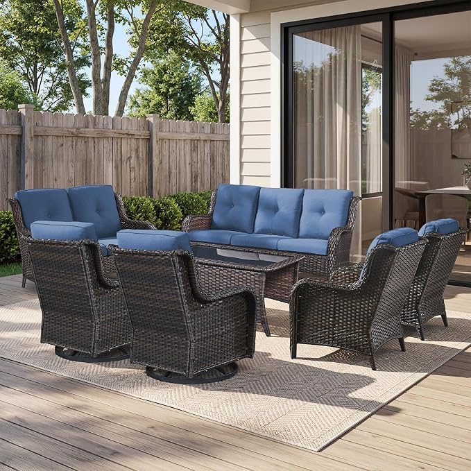 Belord 7 Piece Wicker Patio Furniture Set, Outdoor Swivel Rocker Chairs Set of 2 with Ottomans, 3 Seat Sofa and Loveseat, All Weather Patio Conversation Furniture Set, for Pool,Yard Brown Wicker/Blue