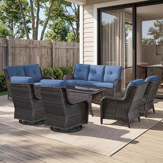 Belord 7 Piece Wicker Patio Furniture Set, Outdoor Swivel Rocker Chairs Set of 2 with Ottomans, 3 Seat Sofa and Loveseat, All Weather Patio Conversation Furniture Set, for Pool,Yard Brown Wicker/Blue