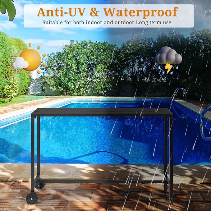55" Narrow Rectangle Outdoor Bar Table, 380 LBS Capacity Waterproof Metal Table with Wheels & Adjustable Feet, Space Saving All Weather Bar Console Table for Patio Poolside Balcony Black