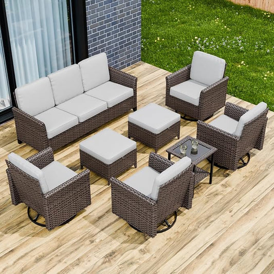 COOS BAY Harbor Retreat 8 Piece Outdoor Furniture Set, Patio Conversation Set with 4 Swivel Rocking Chairs, 3 Seat Couch, Side Table & Ottomans, Wicker Furniture, Brown/Beige