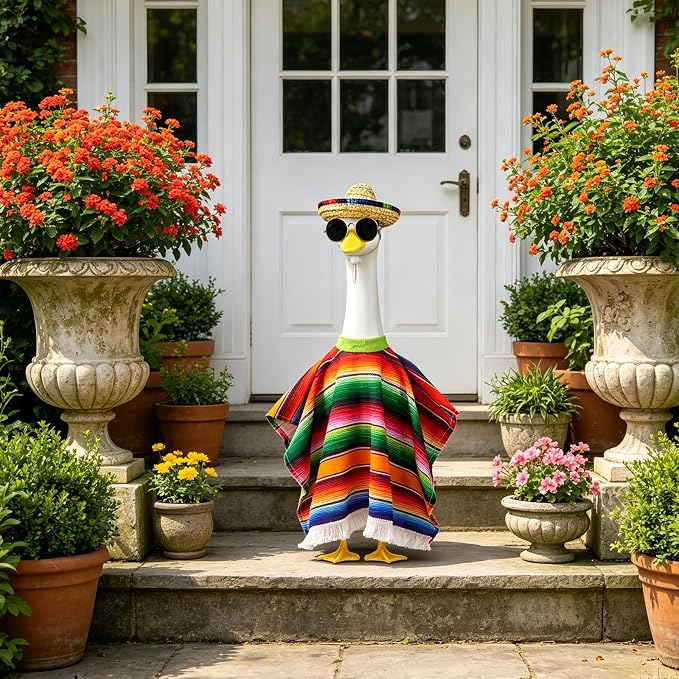 Cinco De Mayo Porch Goose Outfits, Mexican Outfit Fits 17 23 Inch Statue | Summer Goose Clothes with Hat, Serape Striped Poncho and Sunglasses for Outdoor Garden Yard Lawn Patio Decor