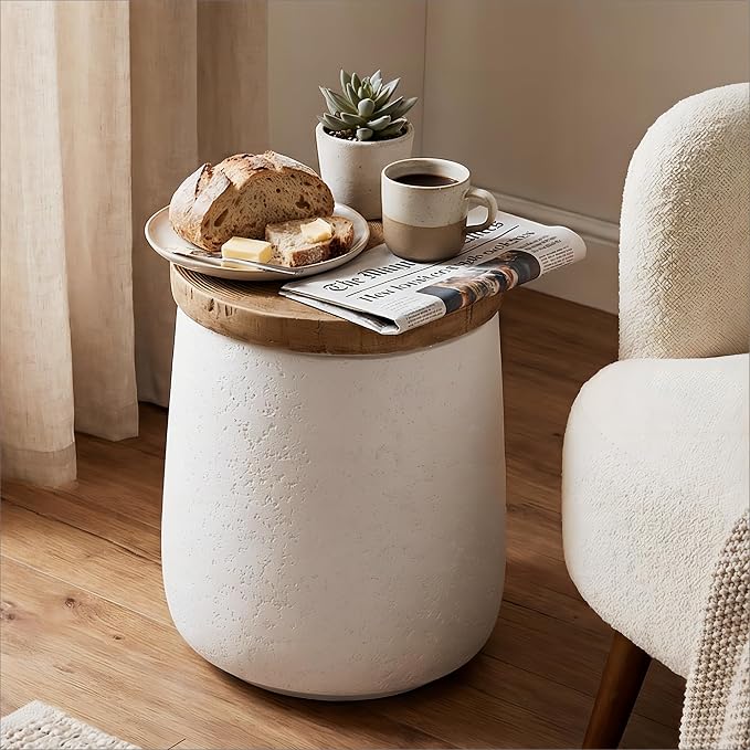 HOMPUS Outdoor Side Table Set of 2, Concrete End Table Cylinder Shaped | Lightweight MgO Patio Accent Table w Wood Grain Top, Small Round Outdoor Garden Stand for for Indoor Outdoor Use, White
