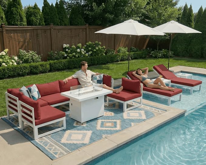 NICESOUL 11 Piece Oversized Modular Aluminum Outdoor Furniture Set with Chaise Lounge, 29" Deep and Wide Sectional Seating, 500 lbs High Weight Capacity Patio Conversation Set for Poolside Deck, Red