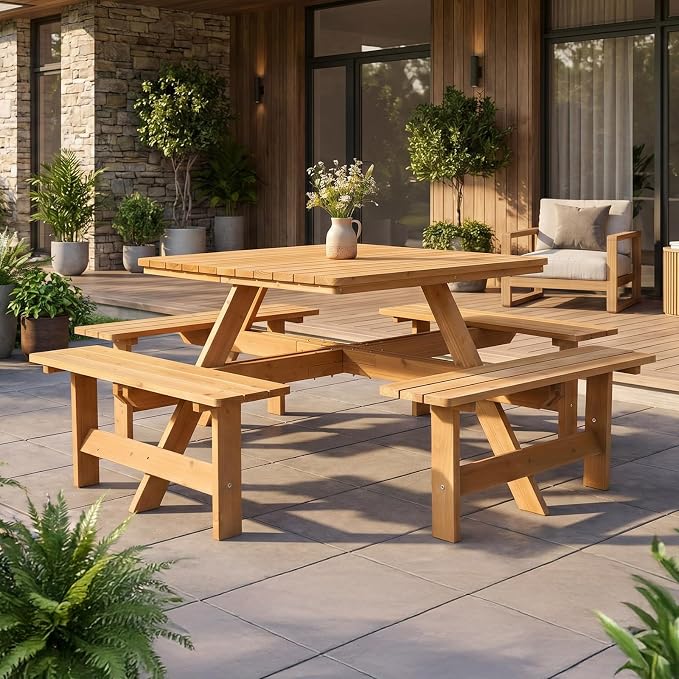 VINGLI 8-Person Wood Picnic Table Sqaure Picnic Table with Umbrella Hole and 4 Built-in Benches, Outdoor Dining Tables and Chairs 500 LBS Bench Capacity (Natural, Sqaure)
