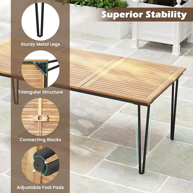 RELAX4LIFE Wooden Outdoor Dining Table for 8, 79" Rectangular Table w/Acacia Wood Slatted Top, Umbrella Hole & Metal Legs, Indoor Outdoor Bistro Table for Porch Garden, 8-Person Patio Dining Table