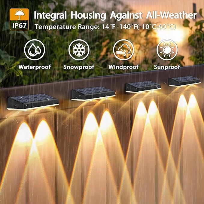 Solar Fence Lights Outdoor, 2 Pack Fence Lights Solar Powered, 3 Color Modes Warm/Natural/Cool White (3000K/4000K/6000K), IP67 Waterproof Dusk to Dawn Solar Lights for Fence, Backyard, Patio, Deck