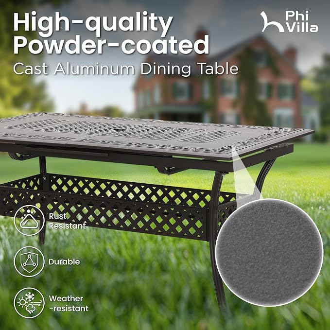 PHI VILLA 7 Pieces Expandable Cast Aluminum Outdoor Dining Set for 6, Extendable Metal Table with Umbrella Hole & Cushioned Wicker Rattan Chairs, Dining Furniture Set for Patio, Deck, Porch and Yard