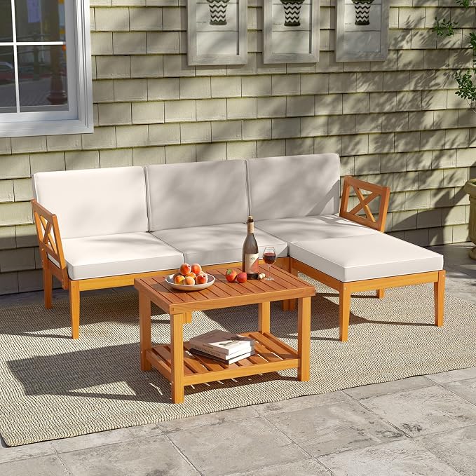 Tangkula L Shaped Outdoor Furniture Set, 5 Pieces Acacia Wood Patio Conversation Set, Modular Outdoor Lounge Sofa Set w/Cushions and Coffee Table for Garden, Backyard, Poolside