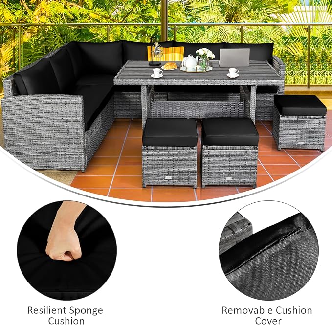 Tangkula 7 Pieces Patio Furniture Set, Outdoor Sectional Rattan Sofa Set with Cushions, All Weather Wicker Conversation Couch Set w/Dining Table & Ottomans for Backyard Garden Poolside, Black