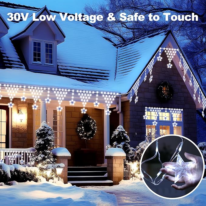Christmas Lights Outdoor, 218 LED 13.8ft 8 Modes Curtain String Lights with 12 Drops Star, Plug-in Christmas Icicle Lights for Wedding, Party, Eaves, Xmas Yard Decorations - White