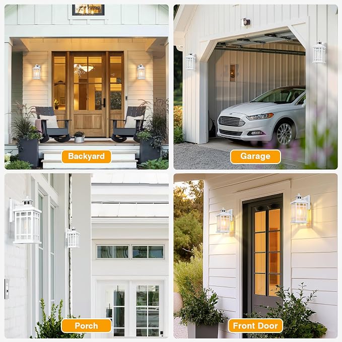 White Motion Sensor Outdoor Lights, 2-Pack Modern Dusk to Dawn Outside Light with 4 Modes, Exterior Lighting Fixtures for House, Entry, Porch, Patio, Garage, Brightness Distance Adjustable