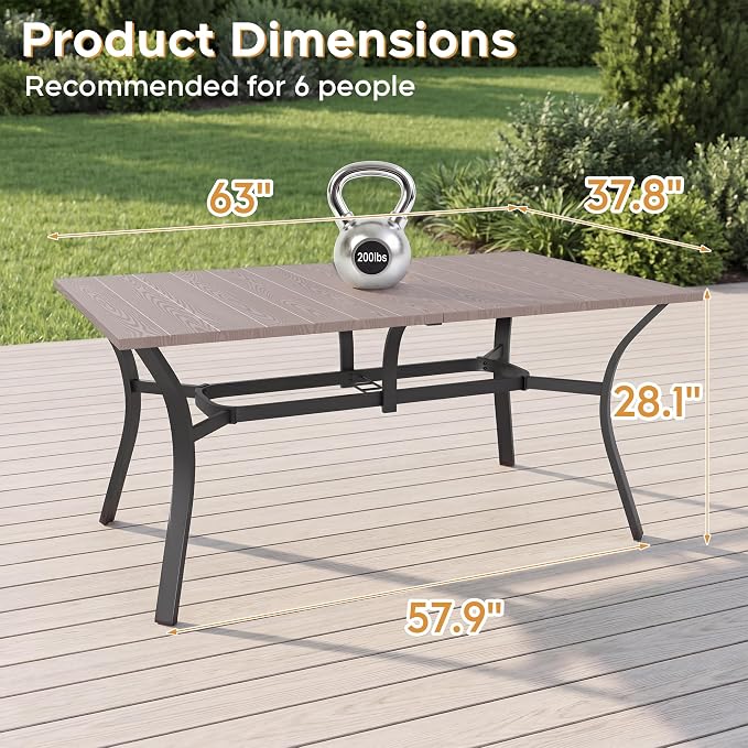 Outdoor Dining Table for 6-63" x 38" Matel Patio Table with E-Coated Finish, 1.6" Umbrella Hole for Garden, Backyard