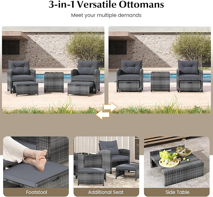 COSTWAY 5-Piece Rattan Conversation Set, Outdoor Wicker Sofa, Tempered Glass Coffee Table & Ottomans for Small Space, Boho Chic Indoor/Outdoor Furniture Set for Poolside, Backyard, Deck (Grey)