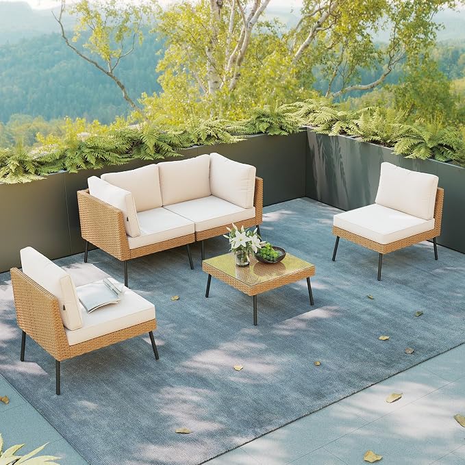 Aoxun Patio Furniture Set, 5 Piece Outdoor Sectional Sofas with Thick Cushion, Wicker Outdoor Patio Furniture Set with Coffee Table for Party, Garden, Backyard, Beige