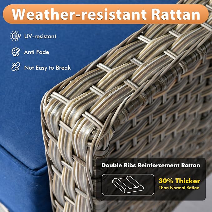 6 PCS Outdoor Patio Furniture Sets,Patio Conversation Sets Outside Rattan Soft Cushion Sofa with 2 Wicker Rocking Chairs & 54 in Fire Pit Table Fit Backyard Porch Garden Poolside Balcony,Navy Blue