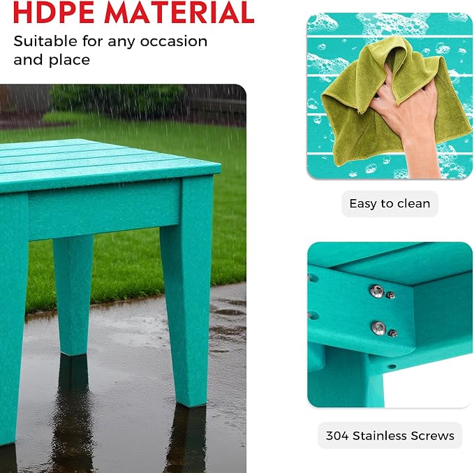 Costaelm Outdoor Patio Table and Chairs Set of 2, 2-Piece HDPE Garden Chair with Square Adirondack Side Table Set, Porch Chairs Coffee Table for Outside Porch Backyard, Turquoise
