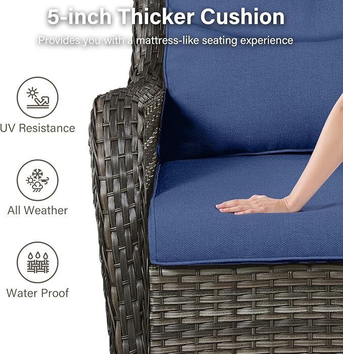 Outdoor Swivel Rocker Patio Chairs Set of 4 with Ottoman Coffee Table - 5" Thick Cushion 7 Piece Furniture Set All Weather Comfortable Wicker Conversation Set for Porch Deck - Gray/Blue