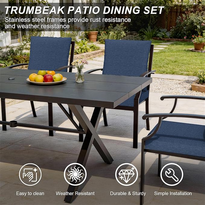 10 Piece Outdoor Dining Set for 8, Patio Table and Chairs Set with Umbrella, Metal Patio Furniture Set with 2 Swivel Chairs, Outdoor Table and Chairs with Cushions for Lawn, Garden, Yard-Navy