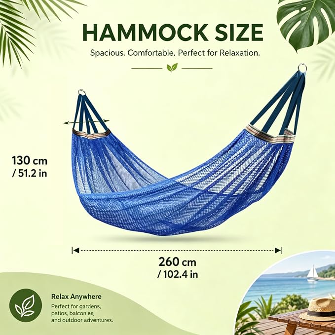 Lightweight Portable Anti-Roll Breathable Mesh Camping Hammock 102.36x51.18in with Tree Straps & Carry Bag, Blue, No Stand Included
