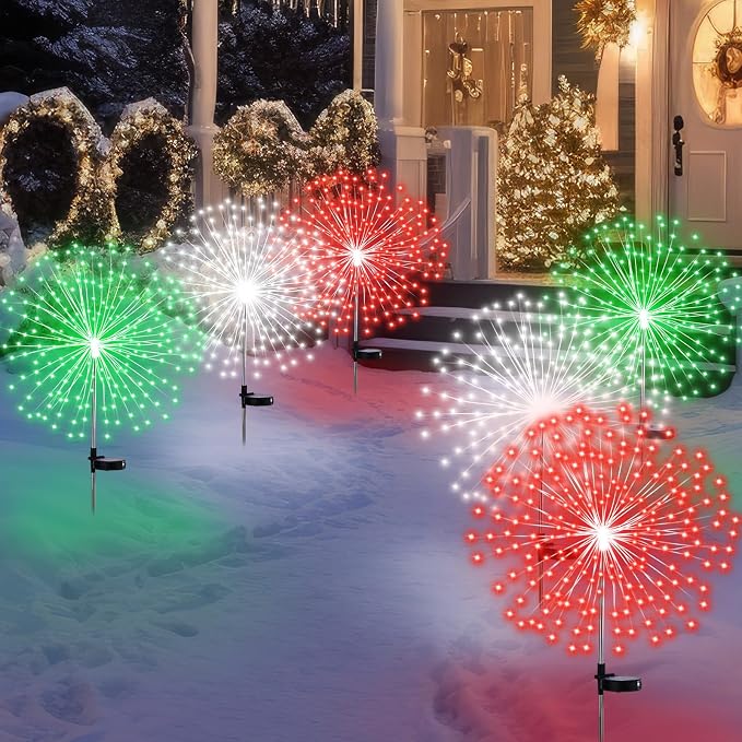 Tujoe 12 Pcs Christmas Solar Firework Stake Lights 180 LED 8 Modes Solar Waterproof LED Sparkler Lights Outdoor Decoration for Garden Patio Yard Pathway Walkway Lawn (Red Green White)
