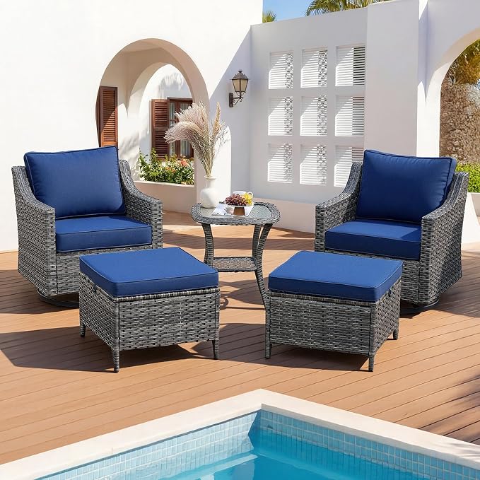 Patio Furniture Set 5 Pieces Luxury Outdoor Swivel Rocker Chairs and Ottomans, Easy Assembly Conversation Set for Porch Deck Balcony Yard in Gray Wicker and Blue Cushions