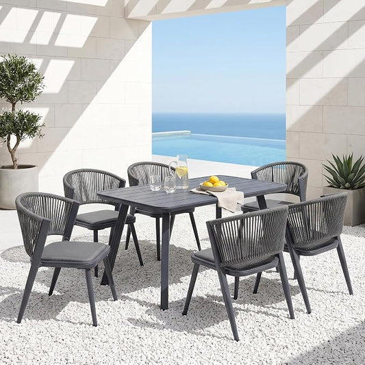 7-Pcs Aluminum Outdoor Dining Set, All-Weather Rattan Patio Furniture Set Include 51.2" Rectangular Table & 6 PE Wicker Chairs with Waterproof Cushions for Family Meals on Balcony Backyard Deck (Grey)
